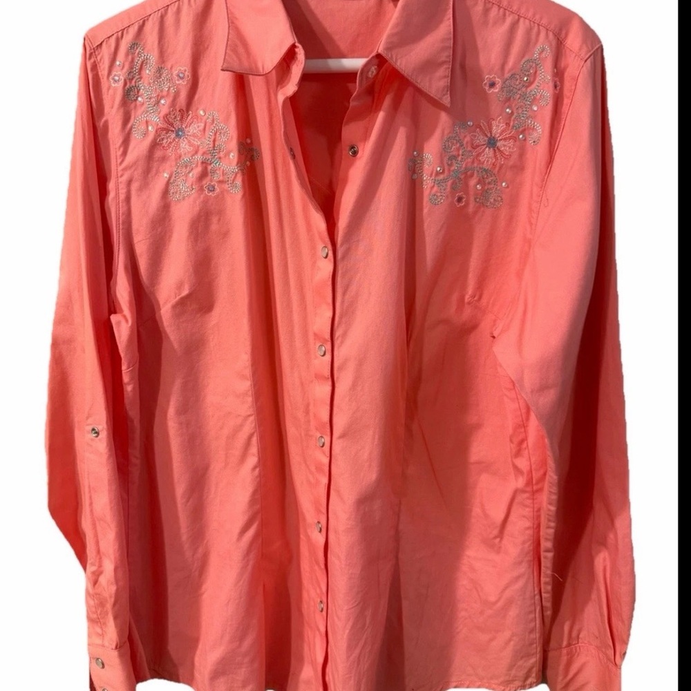 Wrangler Coral-Pink Embroidered Western Button-Down Shirt